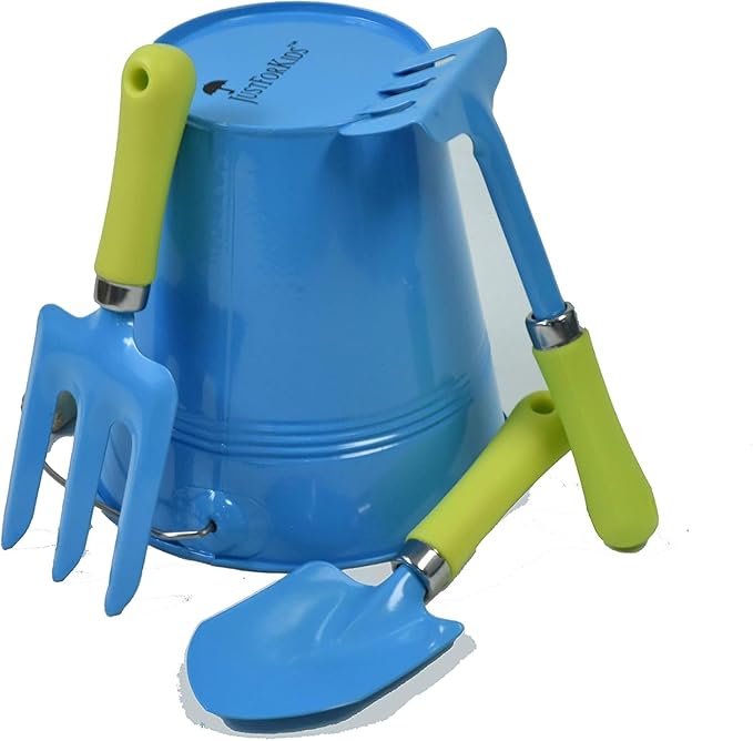 JustForKids 2 Pack Garden Tool Set – Green & Blue Metal Pails with Mini Shovel, Rake & Cultivator, Wooden Handles – Outdoor Gardening Tools for Kids