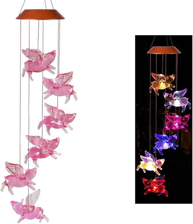 LED Solar Fly Pigs Wind Chimes Outdoor - Waterproof Solar Powered LED Changing Light Color 6 Flying Pigs Mobile Romantic Wind-Bell for Home, Party, Festival Decor, Night Garden Decoration