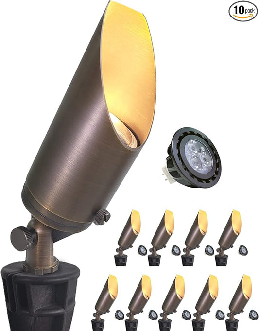 MALORY Brass Landscape Spotlight 10-Pack with 5W LED MR16 Bulb(S03), 12V AC/DC Low Voltage Outdoor Landscape Lighting Shroud Adjustable,Ground Stake and Wire Connector Included,2700K Warm White
