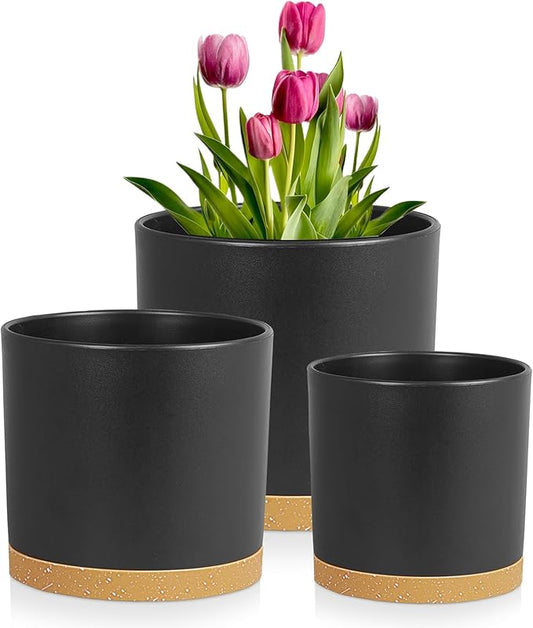 12/10/8 inch Large Plant Pots, 3 Pack Tall Deep Cylinder Flower Pots for Outdoor Indoor Plants, Plastic Planters with Drainage Holes and Saucers for Garden House Plants, Black with Brown