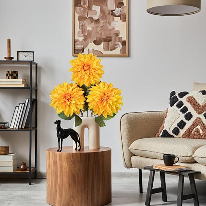 3Pcs Yellow Artificial Dahlia Flowers Fall Fake Flower Silk Flowers with Long Stem 27.5" Floral Arrangements Bouquets Autumn Faux Dahlias Flowers for DIY Wedding Party Centerpieces Home Decor