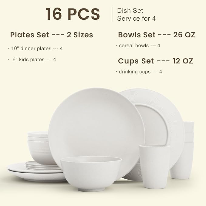 Homienly Wheat Straw Dinnerware Sets - 16 PCS Unbreakable Dinner Plates,Dessert Plates,Cereal Bowls,Drinking Cups,Dishes Sets for 4，Reusable Dishwasher & Microwave Safe for Kitchen - White