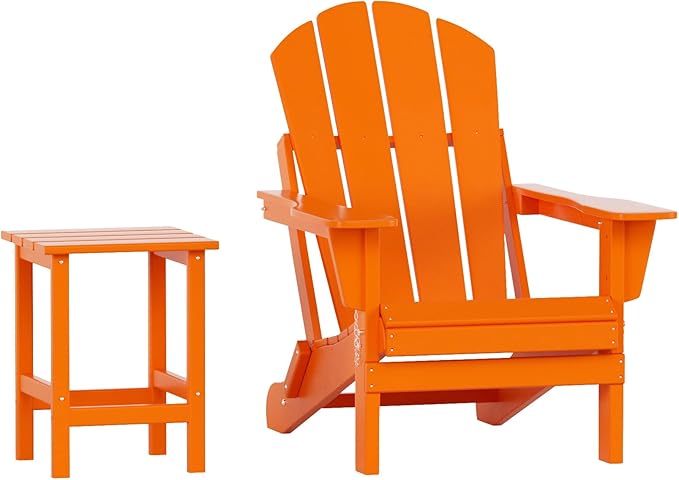 WO Home Furniture Adirondack Chair Table Set of 2 PCS Outdoor Folding Chair w Side Table Weather/UV Resistant for Lawn, Garden, Bon Fire, Balcony (Orange)
