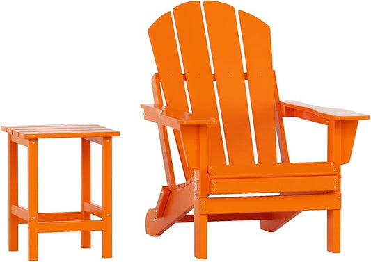 WO Home Furniture Adirondack Chair Table Set of 2 PCS Outdoor Folding Chair w Side Table Weather/UV Resistant for Lawn, Garden, Bon Fire, Balcony (Orange)