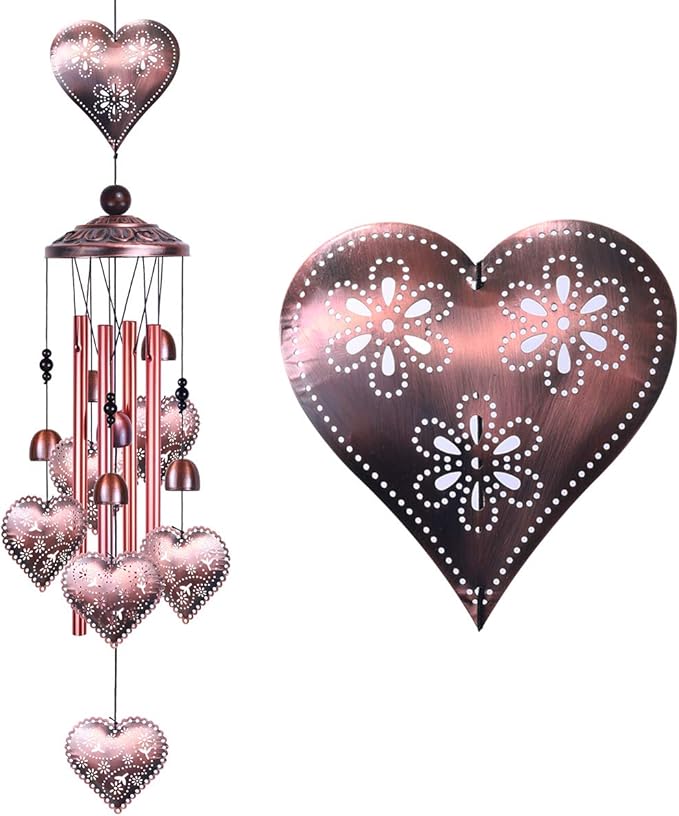 Loving Heart Wind Chimes Outdoor Indoor Decor - with 4 Aluminum Tubes 6 Bells 7 Hearts Mobile Romantic Wind Catcher Heart Shaped Windchimes for Home, Mom Gifts, Balcony, Festival, Garden Decoration