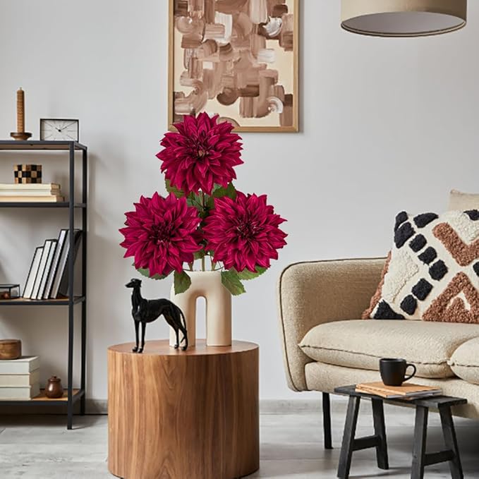 3Pcs Purplish Red Artificial Dahlia Flowers Fall Fake Flower Silk Flowers with Long Stem 28" Floral Arrangements Bouquets Autumn Faux Dahlias Flowers for DIY Wedding Party Centerpieces Home Decor