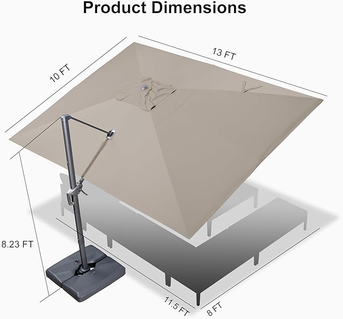PURPLE LEAF 10' X 13' Rectangle Cantilever Umbrella with Base Outdoor Large Aluminum Patio Umbrella with 3-Year Fade Resistance Recycled Fabric and 360-degree Rotation for Deck Pool Garden, Ash Mocha