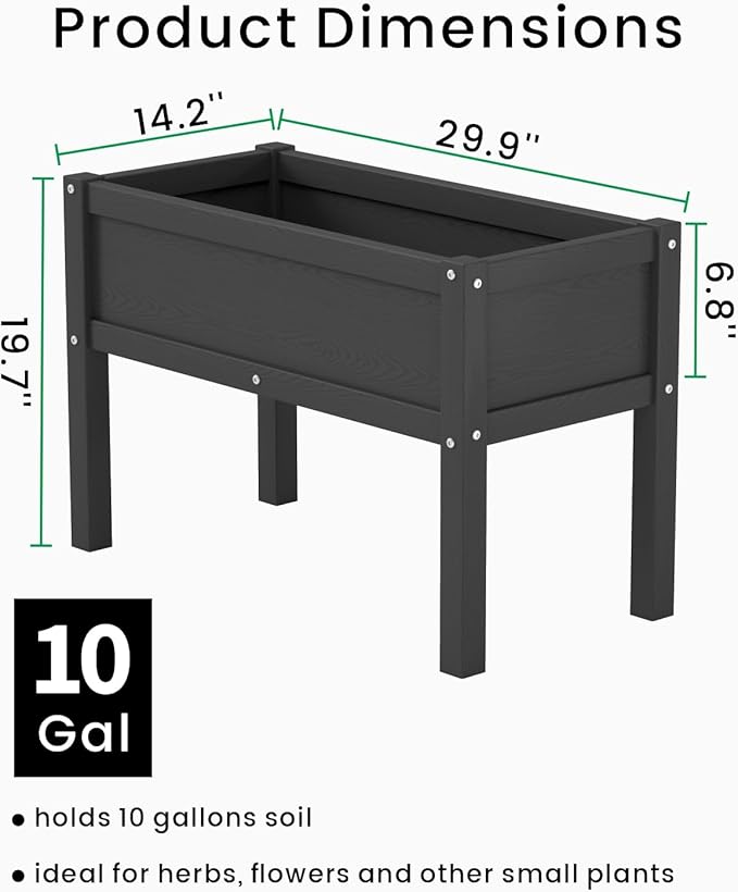 Small HDPE Raised Garden Bed, Elevated Planter Box with Legs, Outdoor All-Weather Planter Raised Beds for Seeds, Herb, Flower, Vegetable (Black)
