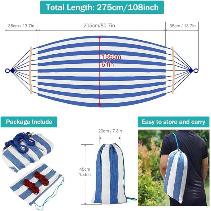 MOSFiATA Hammocks Portable Camping Hammock Upgraded 550lb Comfortable Fabric Hammock with Two Anti Roll Balance Beam and Sturdy Metal Knot Tree Straps for Camping, Patio, Backyard, Outdoor(Blue White)