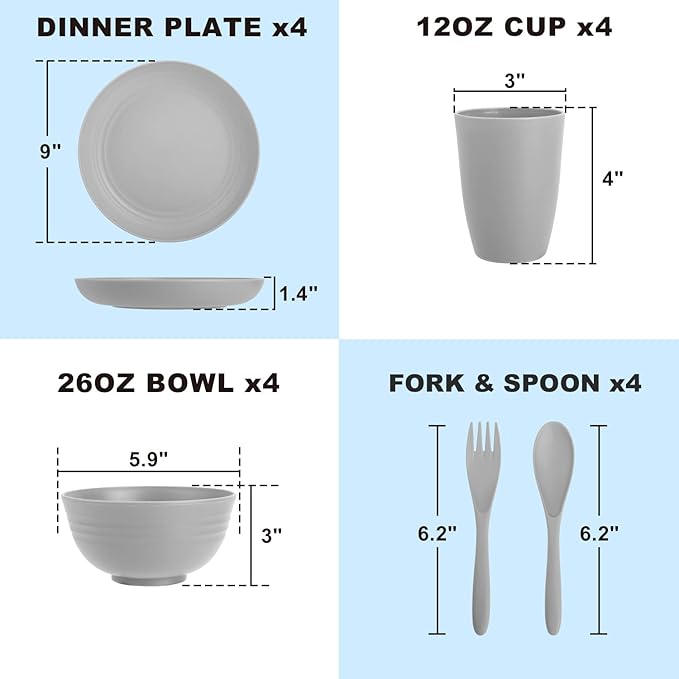 Dinnerware Sets 20 pcs, Wheat Straw Plates and Bowls Sets with Cups Service for 4, Unbreakable Reusable Plastic Plates Set for Kitchen, Office, Travel, Camping - Gray