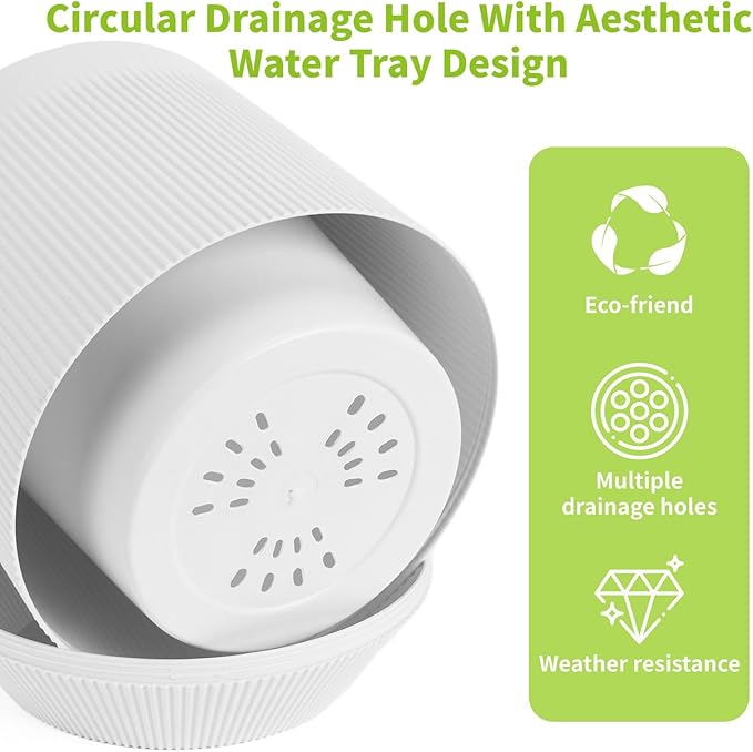Plant Pots，Set of 3 Plastic Pots for Indoor Plants,Flower Pots Outdoor Planters with Drainage Hole and Seamless Saucer,White