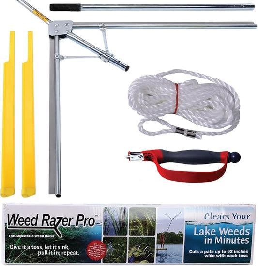 Jenlis Weed Razer Pro, Lake Weed Cutter, Large Pond Aquatic Plant Cutting Tool, Sharp Razor Blades Shear Cattail, Reed, Lilly & Chara Algae, Adjustable 30"-62” Inch Cut Width, 25' Foot Throw Rope