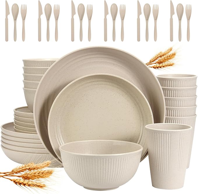 Wheat Straw Dinnerware Sets for 6 (42pcs), SGAOFIEE Unbreakable Dinnerware Set, Kitchen Plates and Bowls Set, Unbreakable Plastic Outdoor Camping Dishes, Dishwasher Microwave Safe, Beige White