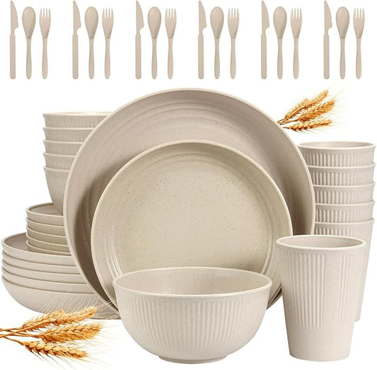 Wheat Straw Dinnerware Sets for 6 (42pcs), SGAOFIEE Unbreakable Dinnerware Set, Kitchen Plates and Bowls Set, Unbreakable Plastic Outdoor Camping Dishes, Dishwasher Microwave Safe, Beige White