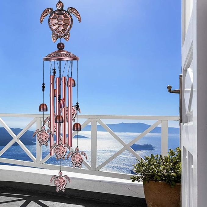 Sea Turtle Wind Chimes Outdoor Indoor Decor - With 4 Tubes 6 Bells 7 Turtles 37In Waterproof Suspension Mobile Tortoise Wind Chimes for Home, Xmas Mom Gifts, Balcony, Festival, Tree, Garden Decoration
