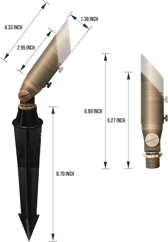 GKOLED Low Voltage Solid Brass LED Spotlight, Outdoor Waterproof Landscape Lighting with MR8 Bulb, Adjustable Uplights with Stake for House Garden Trees Lawn Patio Yard Fence, 3W 12V 180LM 2700K
