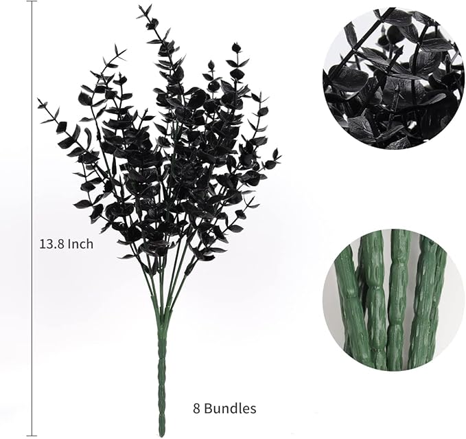 RECUTMS Black Artificial Flowers, Fake Outdoor UV Resistant Plants Faux Plastic Greenery Shrubs Indoor Outside Hanging Planter Halloween Flower Decoration, Garden Decor (Black Eucalyptus)