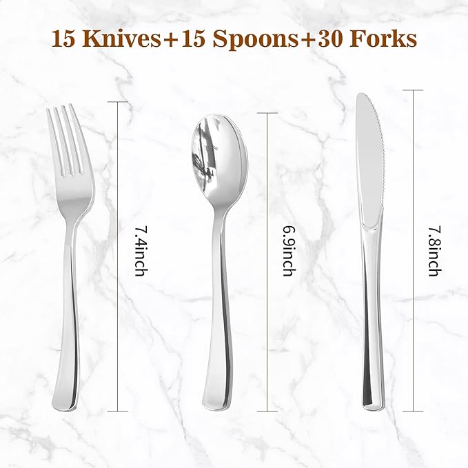 BESTVIP 60PCS Silver Plastic Silverware, Silver Disposable Utensils, Heavy Duty Cutlery Set of 30 Forks, 15 Spoons, 15 Knives for Christmas, Parties, Weddings, Catering and Daily Use