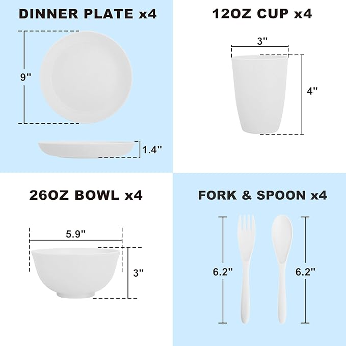 Wheat Straw Dinnerware Sets Service for 4 - Plates and Bowls Sets 20-Piece with Dinner Plate, Cereal Bowls and Cups, Microwave & Dishwasher Safe - White