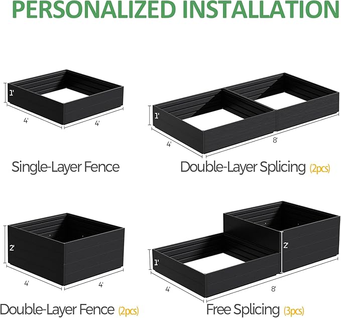 4x4x1ft Raised Garden Beds Outdoor, Divisible Elevated Planter Boxes for Gardening with Easy Assembly, Outdoor Raised Beds for Planting Plants Vegetables Flowers Herb Fruits, Square Black