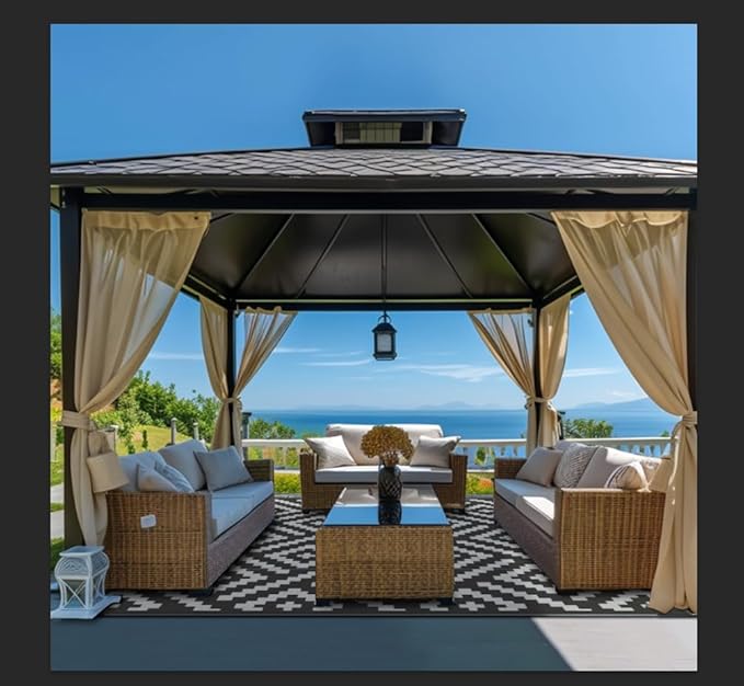 GENIMO Outdoor Rug Waterproof, 10' x 10' Reversible Plastic Straw Rug, Lightweight Large RV Camping Mat for Patio, Deck, Camper, Balcony, Backyard, Picnic, Black & Gray