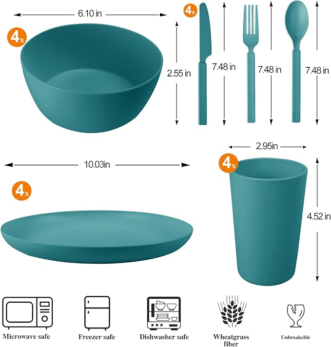 24pcs Wheat Straw Dinnerware Sets, Wheat Straw Plates and Bowls Sets for 4 Microwave Dishwasher Safe Lightweight （Green）