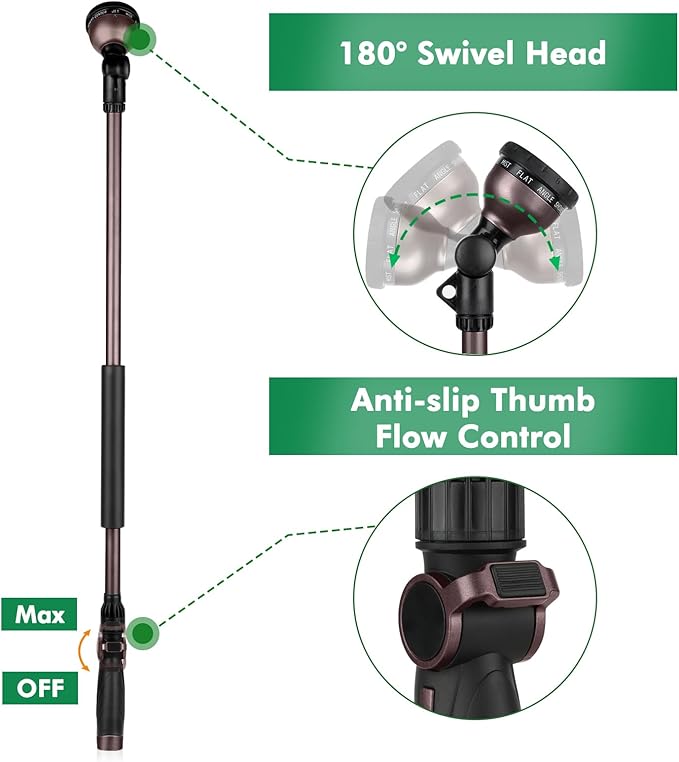 RESTMO 36”Long Watering Wand, 180° Swivel Head Metal Garden Hose Wand with 10 Spray Patterns, 3ft Heavy Duty Hose Nozzle Sprayer with Thumb Flow Control, Ideal to Water Hanging Baskets, Shrubs