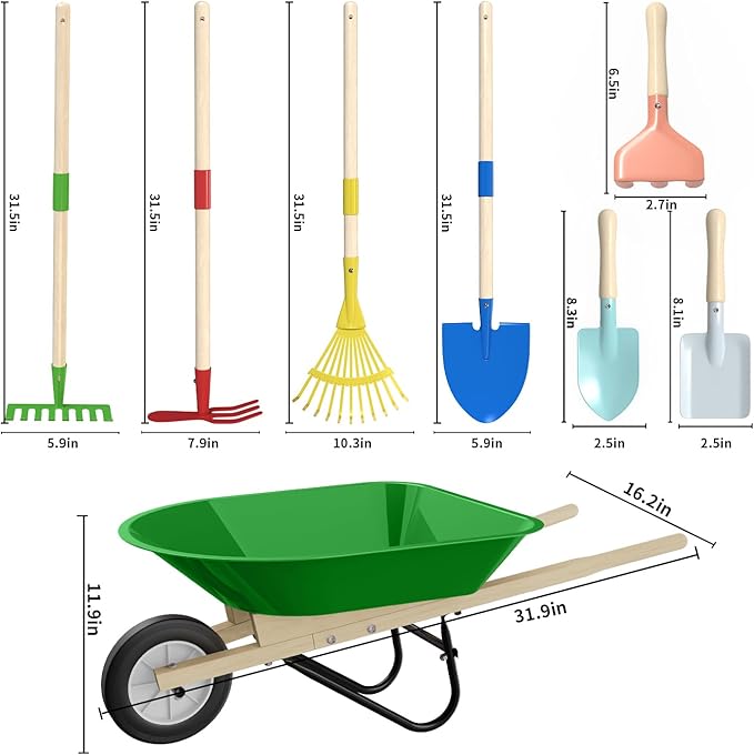 Kids Wheelbarrow Set with Gardening Tools Outdoor Backyard Garden Play for Toddlers Boys Girls 3-8, with Shovel, Rake, Leaf Rake, Easter Birthday Gifts (Green Garden Set)