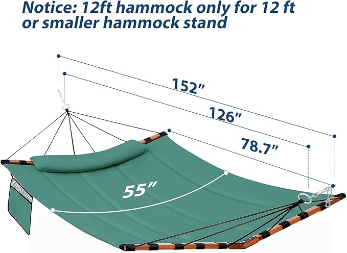 TegerDeger 12FT 2 Person Hammock Large Hammock 450LB Capacity with V Shaped Hardwood Spreader Bar & Nylon Rope for Outside, Patio, Garden, Backyard, Beach, Poolside - Lake Blue