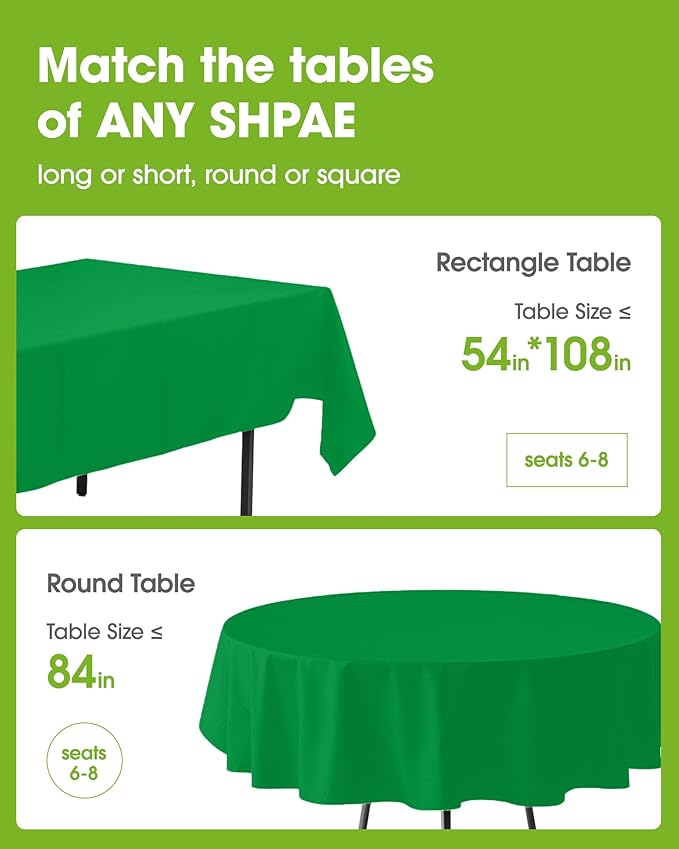 Pureegg Plastic Table Cloth Disposable 8 Pack, 54 x 108 Inch Table Cloths, St Patricks Day, Christmas Decorations, Tablecloths, Rectangle, Forest, Emerald, Plastic Cover, Leakproof & Sturdy, Green