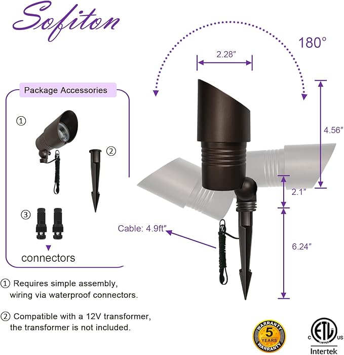 Low Voltage Spot Lights, 2700K-5000K Adjustable, 7W, 520LM, IP65 Waterproof, CRI 90+, 12-24V AC/DC, Outdoor Landscape Light for Garden, Yard, Bronze, ETL Listed, 8-Pack