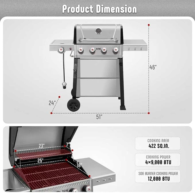 All Stainless Steel 4+1 Burner Gas BBQ Grill, Outdoor Propane Grill with Premium Enameled Coated Chamber Body & Porcelain-Enameled Cast lron Grates, 48,000 BTU