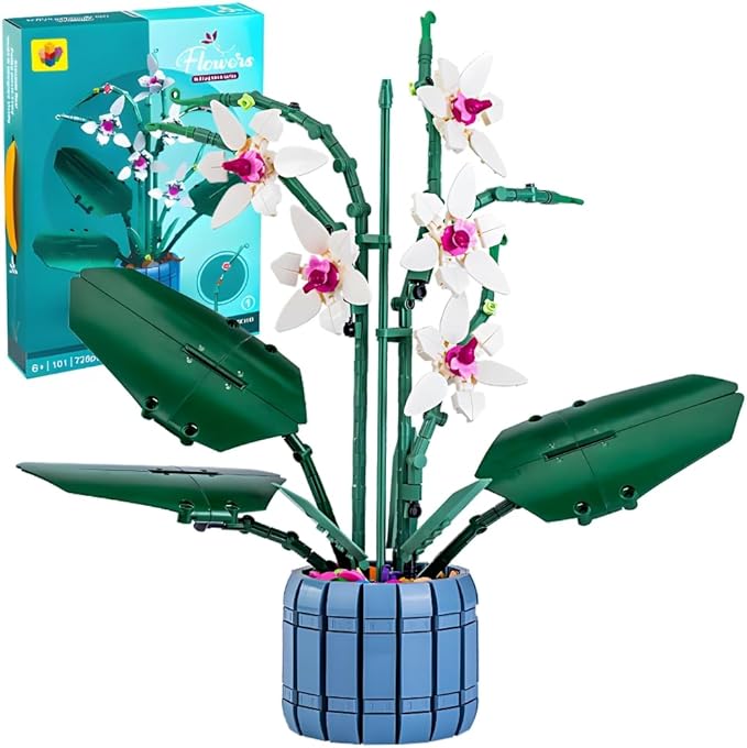 DIY Orchid Artificial Plant Building Kit – Creative Botanical Model with Vase, Relaxing Hobby Craft Set for Adults, Building Blocks Compatible with LEGO, Perfect for Home Decor, Birthdays, Anniversary