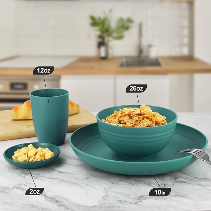 Wrova Wheat straw plates and bowls set of 16 - Unbreakable wheat straw dinnerware sets for kids - Alternative plastic dinnerware set service for 4 - Microwave safe and Dishwasher safe bowls. Green