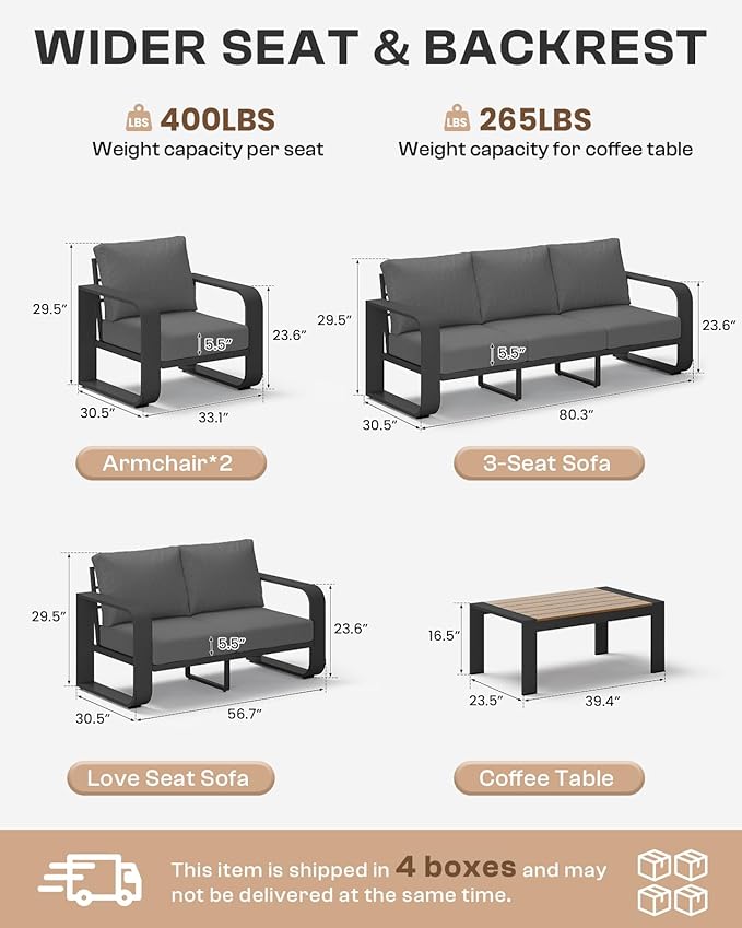 Aluminum Outdoor Patio Furniture Set 5 Piece, Oversized Patio Conversation Sets Widened Armrest & Ultra-Thick Cushions, Deep Seating Modern Sectional Furniture for Backyard, Porch, Graphite