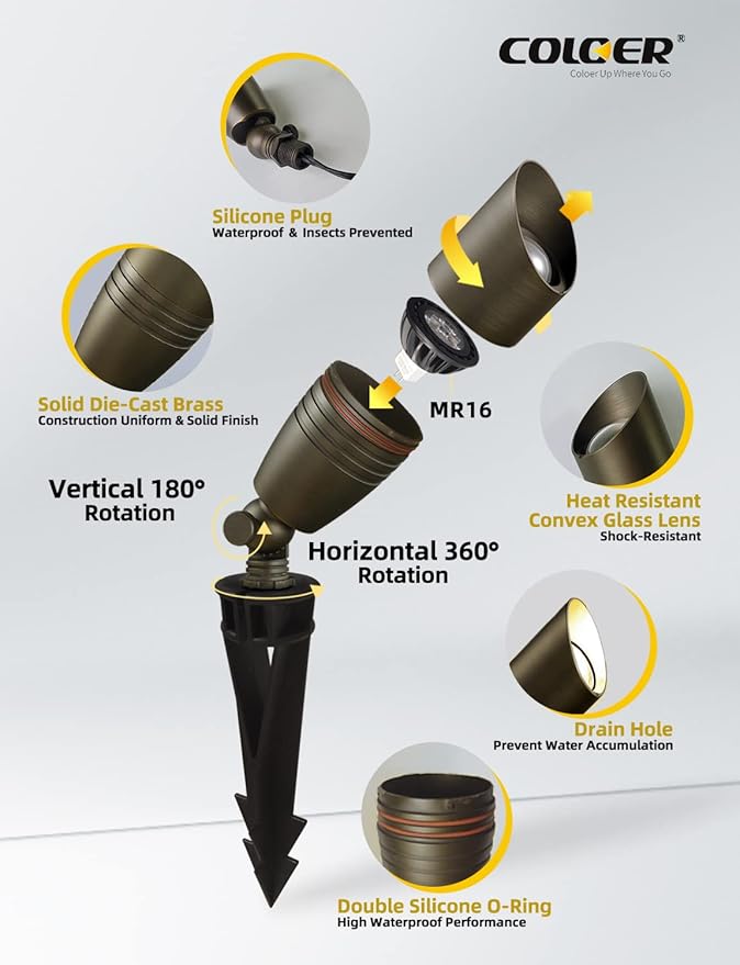 COLOER Brass Landscape Spotlights, 6 Pack Landscape Light Fixture with 5W Aluminum Housing MR16 LED Bulb 2700K 450LM,12V AC/DC Low Voltage Outdoor Spot Lighting,Uplight for Garden and Patio(102B)