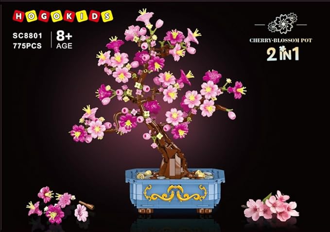 HOGOKIDS Flowers Cherry-Blossom Bonsai Building Set - 2 in 1 Artificial Bonsai Tree Plants for Home Decor & Display Cherry Botanical Flowers Building Toy Birthday Gift for Adults Teens (775PCS)