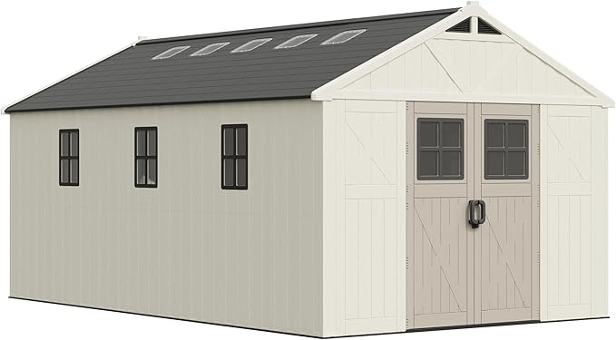 Greesum 10×16 FT Plastic Outdoor Storage Shed with Floor and Lockable Door, Resin Sheds with Windows and Skylights, Weather Resistant Organization for Garden, Lawn, Pool Supplies, Beige