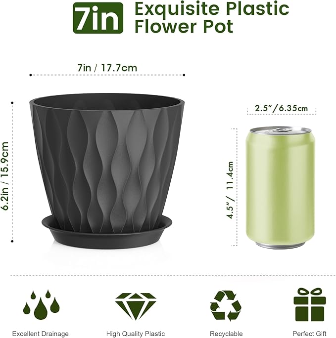 7 inch Plant Pots for Indoor Outdoor Plants, 5 Pack Thick Flowers Pots with Drainage Holes and Saucers, 3D Modern Wave Texture Plastic Planter Pots for House Plants, Black