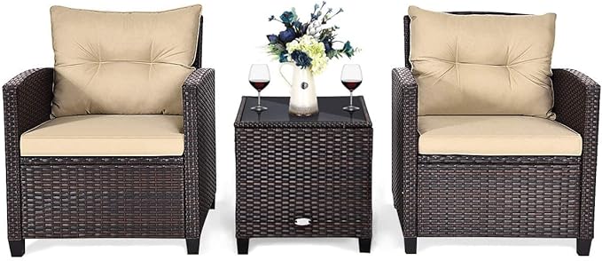 HAPPYGRILL 3 Pieces Patio Conversation Set, Outdoor Furniture Set PE Rattan Sofa Set with Removable Cushions, PE Wicker Chairs with Tempered Glass Side Table for Porch Lawn Garden Balcony Backyard