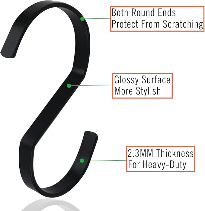 16-Pack 4 Inch Flat S Shape Hooks Heavy-Duty Chrome Finish Hanging S Hooks for Kitchenware, Pots, Utensils, Plants, Towels, Gardening Tools, Clothes (Black)