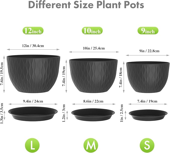 12/10/9 inch Large Plant Pots, 3 Pack Wide Flower Pots for Outdoor Indoor Plants with Water Ripples, Big Plastic Planters with Drainage Holes and Saucers for Garden House Plants, Black