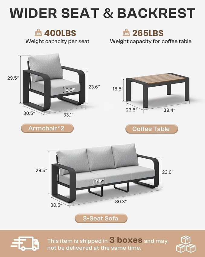 Aluminum Outdoor Patio Furniture Set 4 Piece, Oversized Patio Conversation Sets Widened Armrest & Ultra-Thick Cushions, Deep Seating Modern Sectional Furniture for Backyard, Porch, Gray