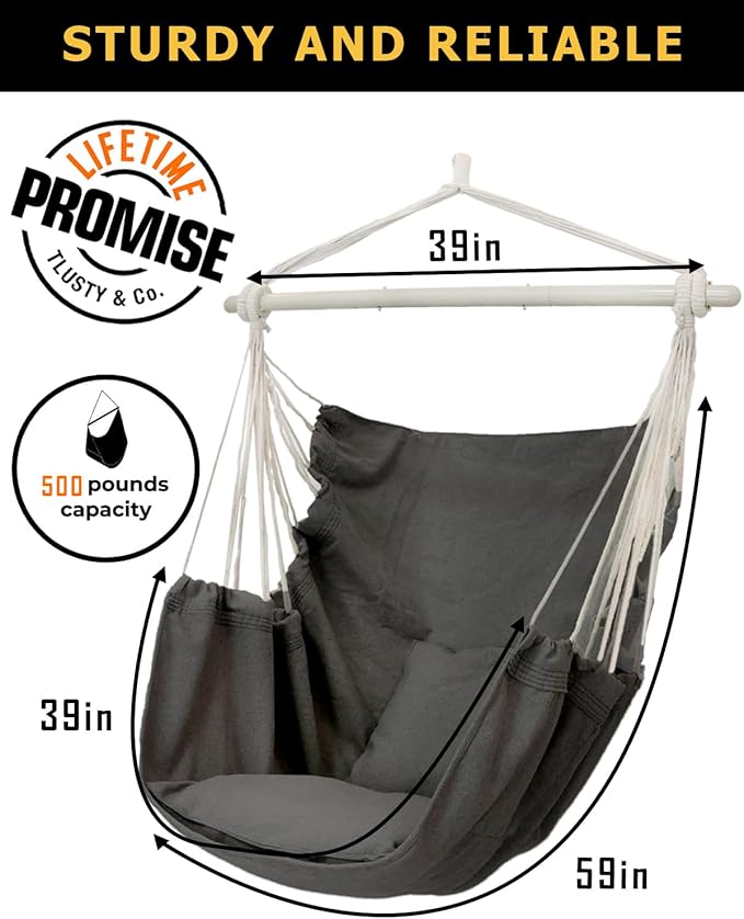 ADVOKAIR Hammock Chair Hanging Chair Swing Large Indoor with Anti-Slip Steel Spread Bar and Pocket-Max 500lbs-2 Cushions, Perfect for Bedroom,Outdoor,Patio, Porch,Backyard…