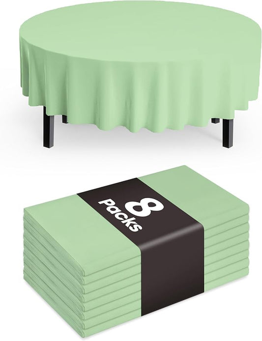 Pureegg Plastic Table Cloth Disposable 8 Pack, 84'' Round Table Cloths, Easter Party, Decorative Tablecloths, Round, Light, Pastel Plastic Cover, Leakproof & Sturdy, Sage Green