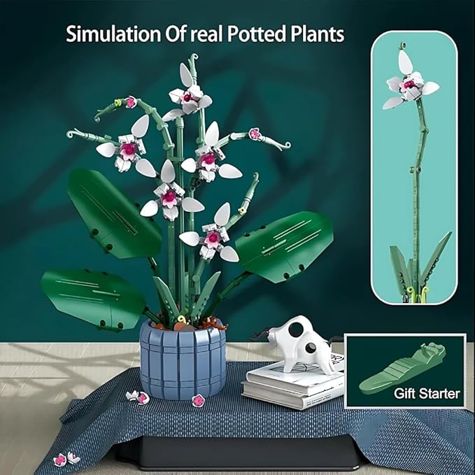 DIY Orchid Artificial Plant Building Kit – Creative Botanical Model with Vase, Relaxing Hobby Craft Set for Adults, Building Blocks Compatible with LEGO, Perfect for Home Decor, Birthdays, Anniversary
