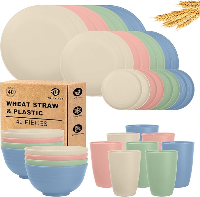40 PCS Wheat Straw Dinnerware Sets | Service for 8, Unbreakable Plates and Bowls Sets - Dinner Plate, Cereal Bowl, Drinking Cups, Dishwasher & Microwave Safe for Kitchen, Camping,RV - Colorful