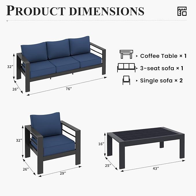 Aluminum Patio Furniture Set, 6 Piece Metal Outdoor Furniture Set, Patio Sets with Waterproof Covers for Backyard Garden(Blue&Black)