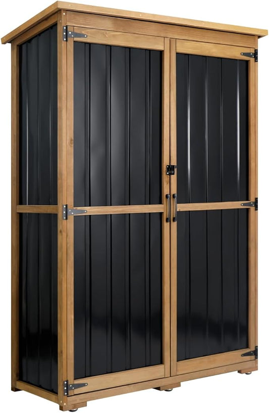 Outdoor Storage Cabinet, Wood & Metal Storage Shed with Weather-Resistant Roof, Double Lockable Doors, Removable Shelves & Adjustable Feet, for Patio, Backyard, Poolside, 46" x 18" x 68"