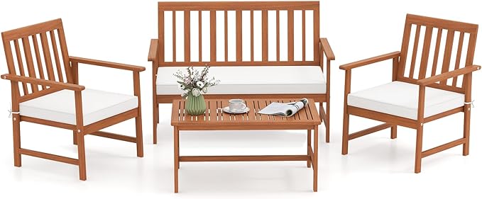 Tangkula 4-Piece Acacia Wood Patio Conversation Set, Outdoor Furniture Set with 2 Armchairs, Loveseat, Coffee Table, Soft Cushions, Slatted Sofa and Chairs Set for Deck, Backyard (Off White,1)